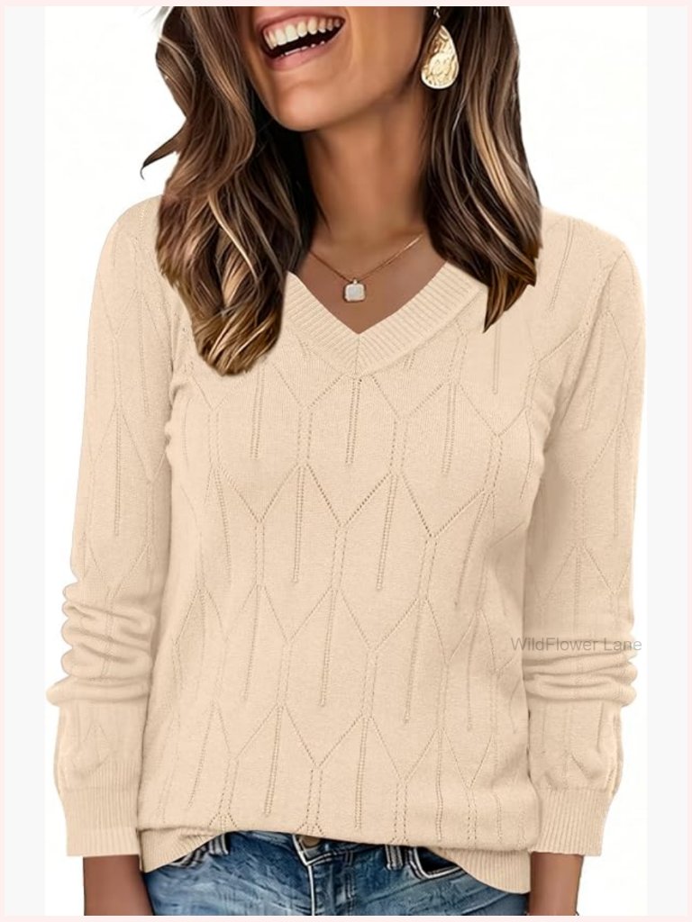 V Neck Long Sleeve Crochet Pullover Sweater Lightweight Soft Knit Dressy Casual